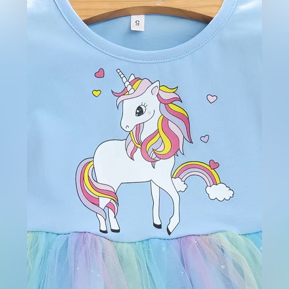 Baby Girls Cute Unicorn Graphic Design Mesh Short Sleeve Dress Clothes - Picture 8 of 8